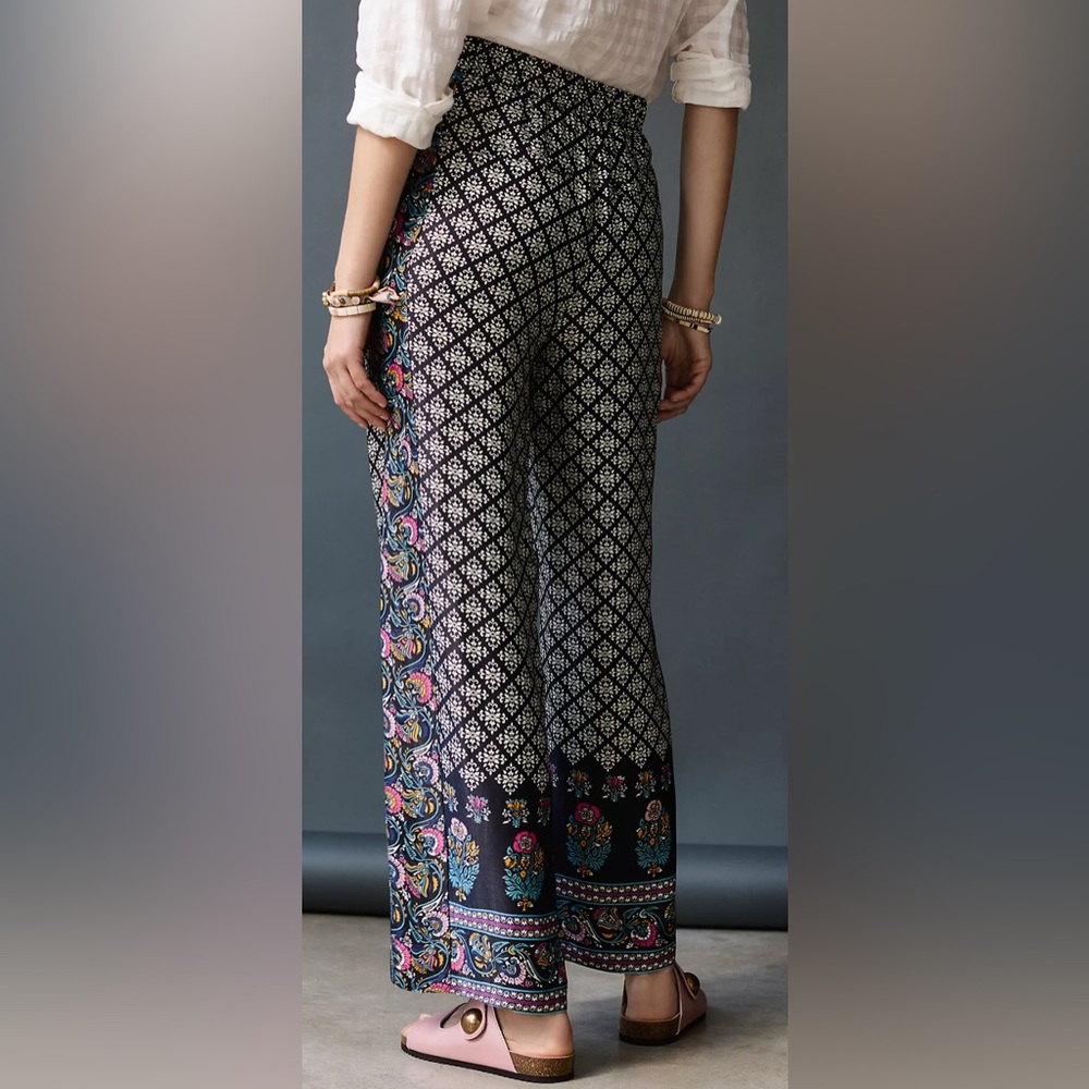 Anthropologie Black & White Patterned Boot-Cut Pants with Colorful Hem - Picture 2 of 9